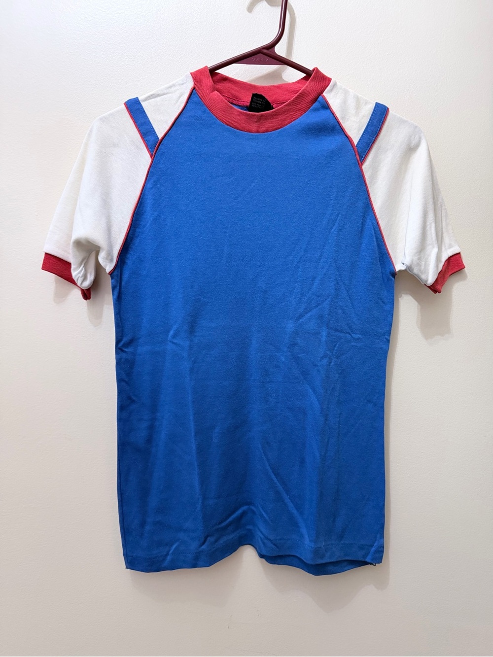 Vintage 70s JC Penney Superwear Kids L 14-16 Ringer T Shirt Red White Blue SS